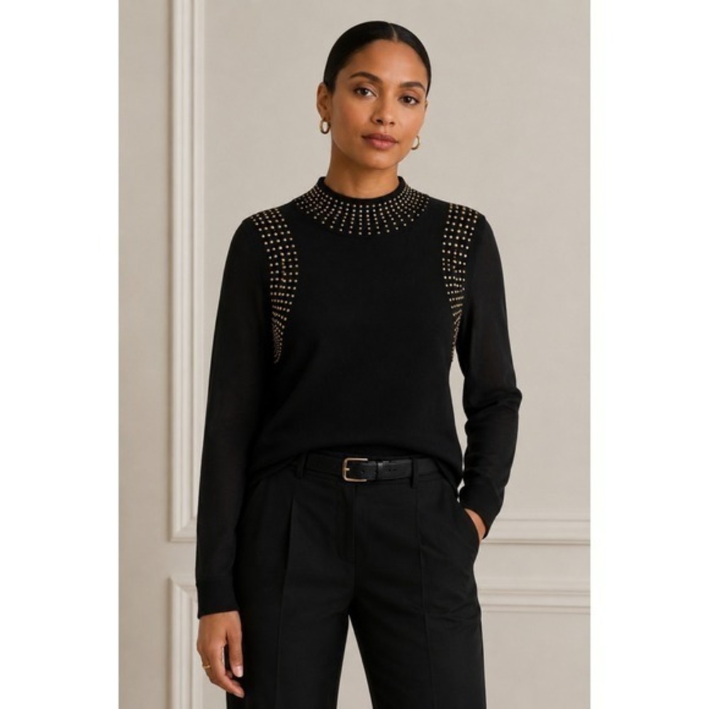 Thalia Sodi Studded Mock Neck Top Women Medium Black Sheer Mesh Sleeve Chic Glam